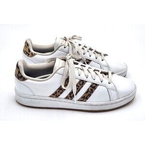 Adidas Grand Court Tennis Shoe Womens 8 White Leopard Print Casual Sneaker